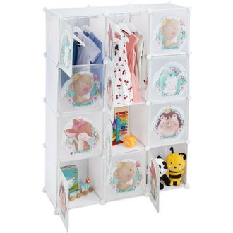 Relaxdays Relaxdays - Armario Modular Infantil, 2 Rieles Ropa, Puertas Con Animales, 145x110x37 Cm, Diy, Estanter&iacute;a Cubos, Blanco
