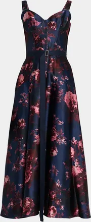 Erdem Rose-Print Duchess Satin Bustier Midi Dress With Belt
