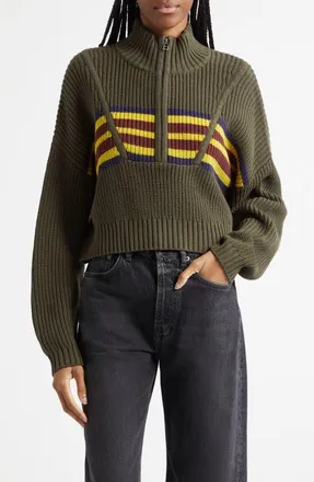 Staud Cropped Hampton Sweater in Dark Olive Stripe at Nordstrom, Size X-Small