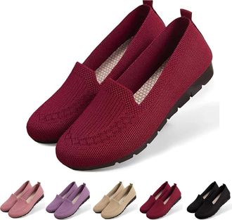 Generic Womens Orthopedic Knit Comfort Loafers, Slip Resistant Walking Shoes with Arch Support, Lightweight Breathable Soft Sole Low Top Casual Sneakers (Red,