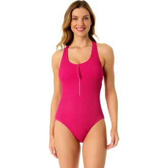 Anne Cole Womens Live In Color Textured Scoop Neck Front Racerback One Piece Swimsuit in Fandango Pink at Nordstrom, Size 10