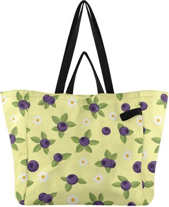 Generic Blueberries Daisies Yellow print Reusable Canvas Tote Bag, Heavy Duty Grocery Shopping Bag with Large Capacity Hard Bottom Double Handles Work Groceri
