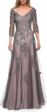 La Femme A Line Gown with Sheer Three-Quarter Sleeves in Pink/gray at Nordstrom, Size 18