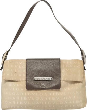 Bulgari Logo Beige Canvas Shoulder Bag (Pre-Owned)