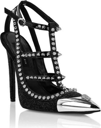 Philipp Plein Leather Strass Sandals High Heels Studs Women in Black at Nordstrom, Size 42