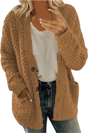 Generic Fleece Jacket Women UK Simple Button Style Lightweight Soft Fluffy Teddy Fleece Sweatshirt Thin Coat No Hood Ladies Winter Warm Cardigan Tops with Poc