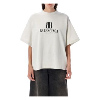 Balenciaga Tops, Dames, Beige, L, Katoen, Cropped Logo T-shirt