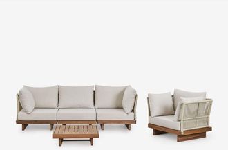 Sklum Conjunto De Sal&oacute;n Con Sof&aacute; Modular De 3 Piezas Con 2 Sillones Esquineros, Mesa De Centro Y Sill&oacute;n En Madera De Acacia Dailin Sklum