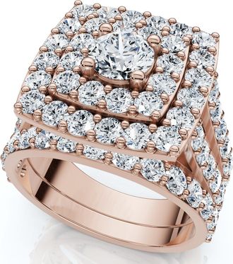 Pompeii3 3Ct Cushion Halo Diamond Engagement Wedding Ring Set Lab Grown 10k