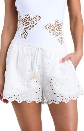 L'agence Monstera Eyelet Cove Cotton Cover-Up Shorts in White at Nordstrom, Size X-Small