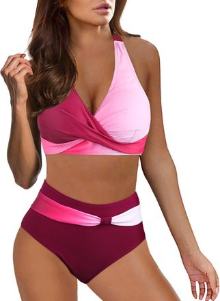 Generic Women 2 Piece Swimsuits,Push Up Ruched High Waist Tummy Control Twist Front Bikini Top Bottom Floral Hot Diamonds Gather Plus Size V Neck Solid/Printe