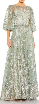 Mac Duggal Embroidered High Neck A-Line Gown With 3/4 Puff Sleeves in Pastel Multi at Nordstrom, Size 12