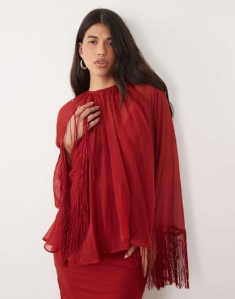 Asos abito midi rosso con sovrapposizione a strati e orlo con frange