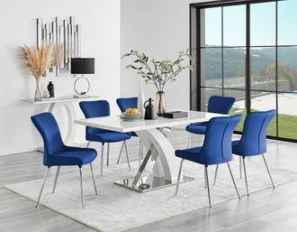 Furniturebox Atlanta 6 White Dining Table & 6 Nora Silver Leg Chairs in Blue