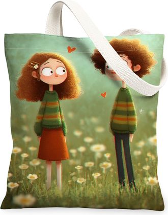 Generic Fanciful Characters Canvas Tote Bag, Playful Floral Design Reusable Grocery Bags, Lightweight Washable Shoulder Strap, Green, 13x15 Inch