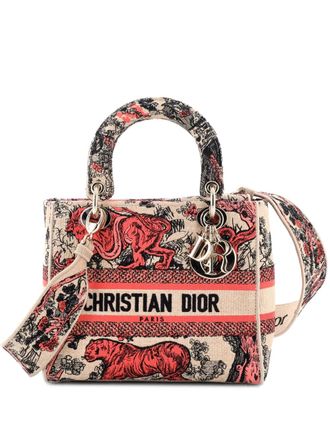 Dior Borsa a tracolla Lady D-Lite media in rafia con ricamo - Multicolore