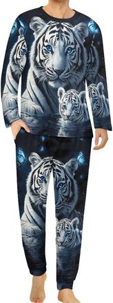 Generic Tigers And Butterfly Mens Pajama Set Crew Neck Loungewear Long Pj Bottoms Pullover Nightwear 2 Pieces