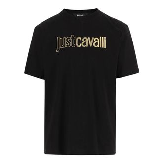 Just Cavalli T-Shirts, male, Black, Size: 2XL Cotton T-Shirt with Logo Print