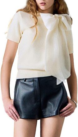 English Factory Bow Accent Short Sleeve Sweater in Cream at Nordstrom, Size X-Small