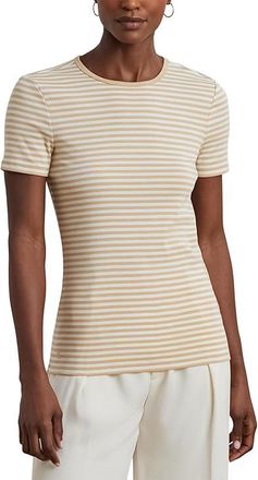 Lauren Ralph Lauren Striped Stretch Cotton Crewneck T-Shirts Womens Clothing Sand Dune/Mascarpone Cream : XL, Cotton/Elastane