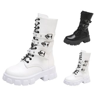 Generic Womens Platform Lace Up Boots Anti-Slip Thick Punk Booties with Side Zipper Round Toe Belt Buckle Motorcycle Combat Shoes Chunky Low Heel Mid Calf Boo