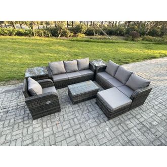 Fimous Fimous 8 Seater Rattan Outdoor Garden Furniture Sofa Set Patio Table & Chairs Set with 3 Seater Sofa Reclining Chair 3 Seater Sofa Big Footstool Side