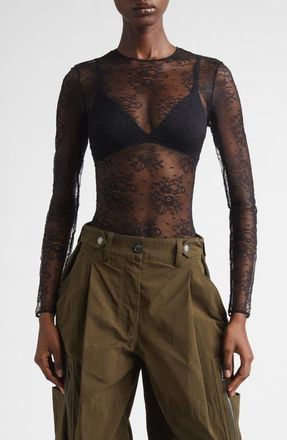 Dolce & Gabbana Long Sleeve Sheer Floral Lace Bodysuit in Nero at Nordstrom, Size 12 Us