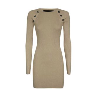 John Richmond Geribbelde Gebreide Jurk met Decoratieve Knopen - Dames - Korte kleedjes - Beige - S - Polyester - Kleedjes