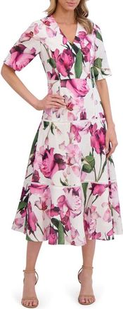 Ted Baker Floral Print V-Neck Linen Dress in Ultra White at Nordstrom, Size 14