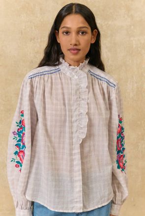 Louise Misha Cora Cruise Checks Shirt With Embroidery In Cream