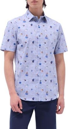 Bugatchi Orson Floral Stripe Short Sleeve Stretch Cotton Button-Up Shirt in Air Blue at Nordstrom Rack, Size Xxx-Large