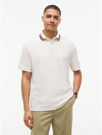 Tommy Hilfiger Mens Regular Fit Stripe-Collar Waffled Polo - Ivory Petal - XXL