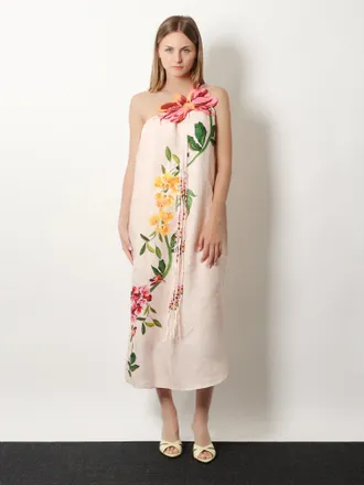 Farm Rio One-Shoulder Linen with Floral Embroidery Dress - Pink
