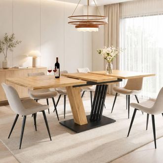 Merax Telescopic Wood Effect Dining Table with Pull-Out Top & Pedestal Base in Natural