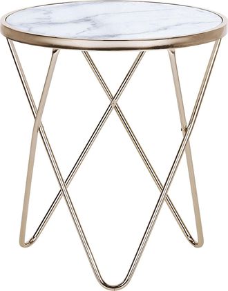 Beliani Beliani - Mesa Auxiliar Tablero De Cristal Templado Con Efecto M&aacute;rmol Blanco Patas De Horquilla De Metal Dorado Forma Redonda Meridian Ii