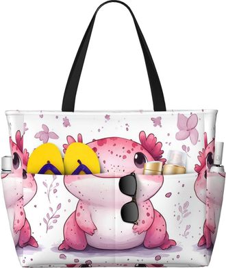 Generic Cute Axolotl Print Large Beach Bag Foldable Travel Shoulder Tote Bag With Pocket For Weekender Pool Vacation