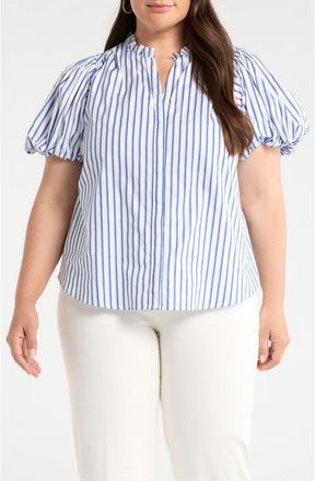 Sugarlips Striped Button Up Puff Sleeve Top in White-Blue at Nordstrom, Size 2 X