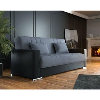 Dmora Sofá cama Dmede, Sofá cama contenedor 3 plazas en ecopiel y tela, Sofá de salón con apertura click-clac y 2 cojines incluidos, 230x96h101 cm, Negro y