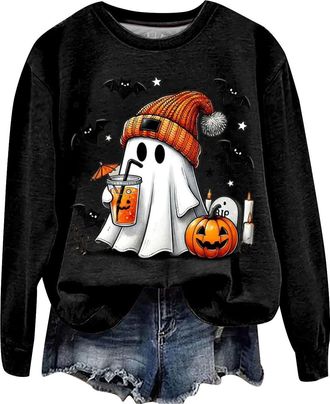 Generic Halloween Sweatshirt for Women UK 2025 Cute Halloween Theme Pullover Tops Fashion Graphic Print Long Sleeve Blouse Casual Crewneck Sweatshirt Lightwei