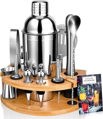 OEM Kit De Coctelera De 12 Piezas De Acero Inoxidable Para Barman, Coctelera De 750 Ml, Kit De Cocteler&iacute;a Para Barman Con Soporte De Madera Para Casa O Ba