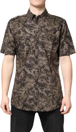 Dolce & Gabbana Mens Multicolor Camouflage Button Down Gold Shirt Cotton