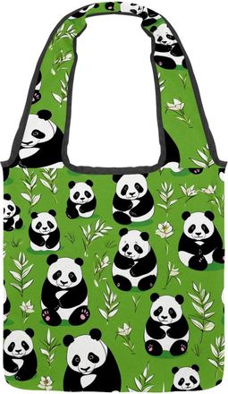 Generic Cute Panda on Green Reversible Canvas Shoulder Tote - Double-Sided Print, 12oz Cotton, 27cm Drop, Fold-Flat Bag for Travel, Shopping, Street Outings