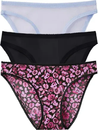OnGossamer 3-Pack Mesh Hip Bikinis in Blue/black/moody Floral at Nordstrom, Size Medium