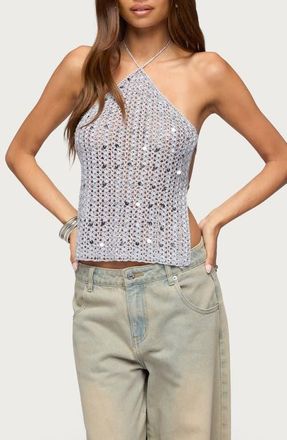 Edikted Thaly Backless Sequin Crochet Top in Silver at Nordstrom, Size X-Large