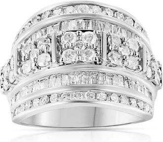 House of Brilliance Silver 2.0 Cttw Round & Baguette Diamond Multi-Row Tapered Cocktail Ring in White at Nordstrom, Size 9