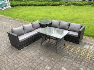 Fimous 6 Seater Wicker PE Rattan Garden Dining Set Outdoor Furniture Sofa with Side Table Dining Table in Dark Grey