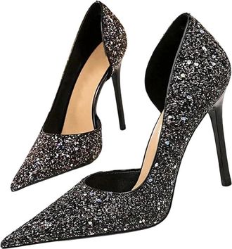 Generic Women Sexy Banquet Pointed Toe High Heel Pumps Elegant Sequin Wedding Dress Shoes Black