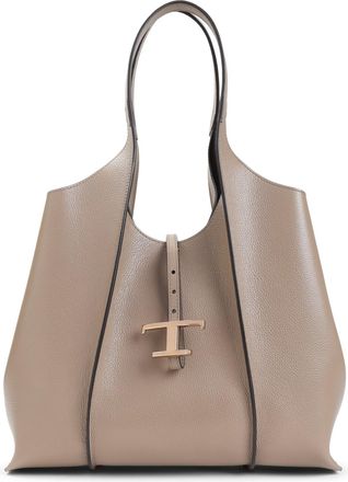 Tod's Light Clay Beige Grained Leather T Timeless Medium Shopping Bag-Donna
