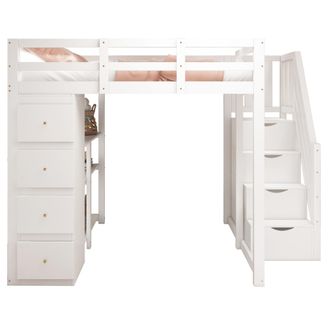 STILVORA Cama Alta 140 X 200 Cm Con 4 Cajones, Estantes Y Escalera Con Almacenamiento, Sin Colch&oacute;n, De Madera, Blanco