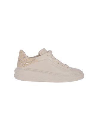 Jimmy Choo London Cream Leather Textured Sole Pearl Detail Sneakers